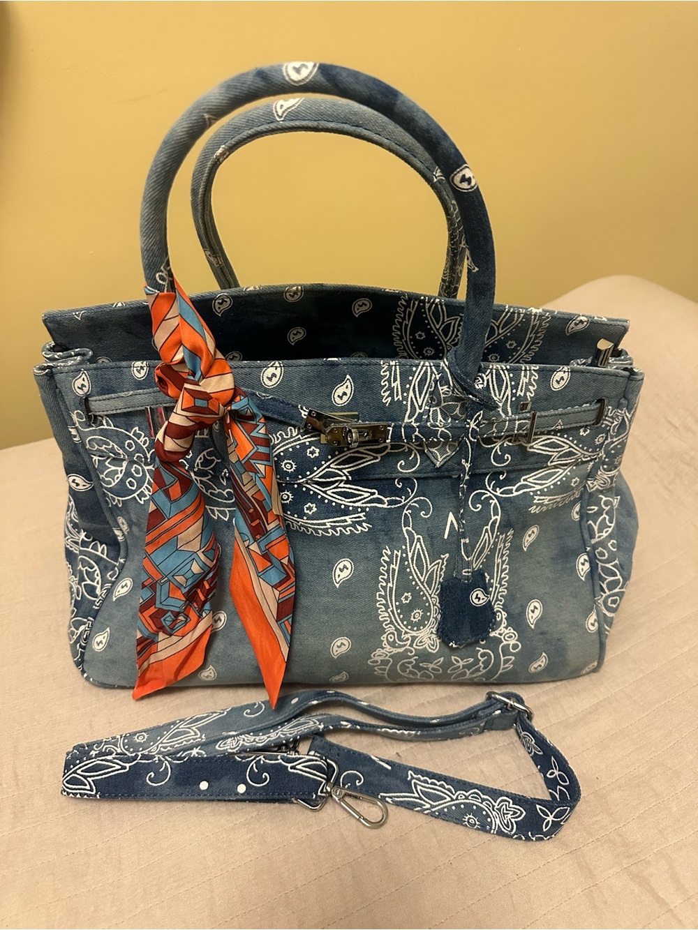 Denim Bandana Print Tote Bag with Orange Scarf Accent